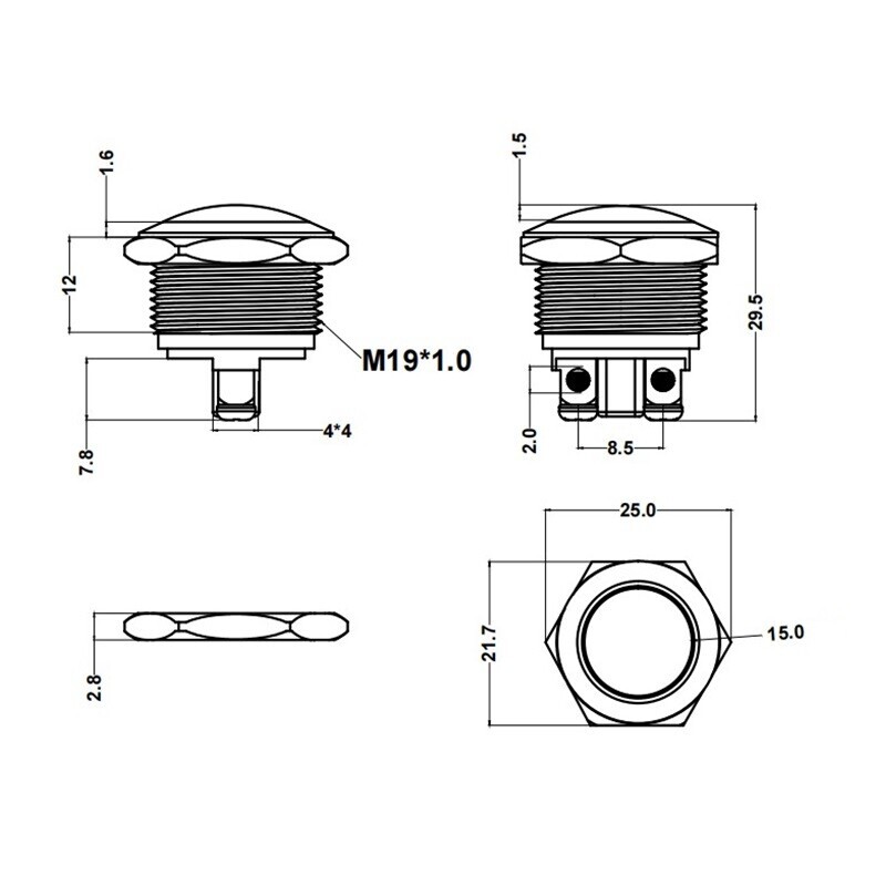 Tlačítkový spínač M19 250V/5A kovový