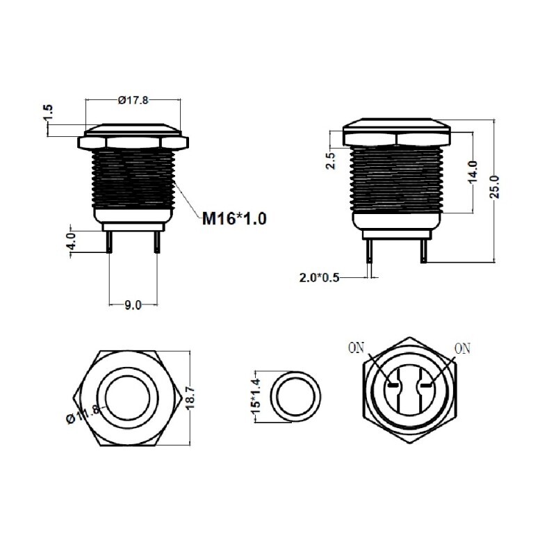 Tlačítkový vypínač M16 250V/5A kovový