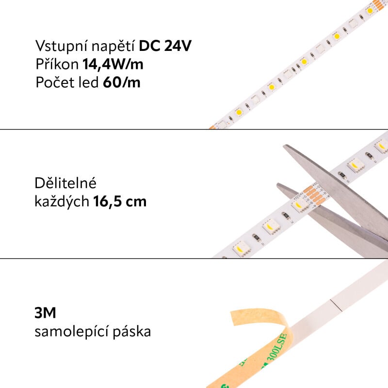 24V RGB+DW 14,4W vnitřní LED pásek záruka 3 roky