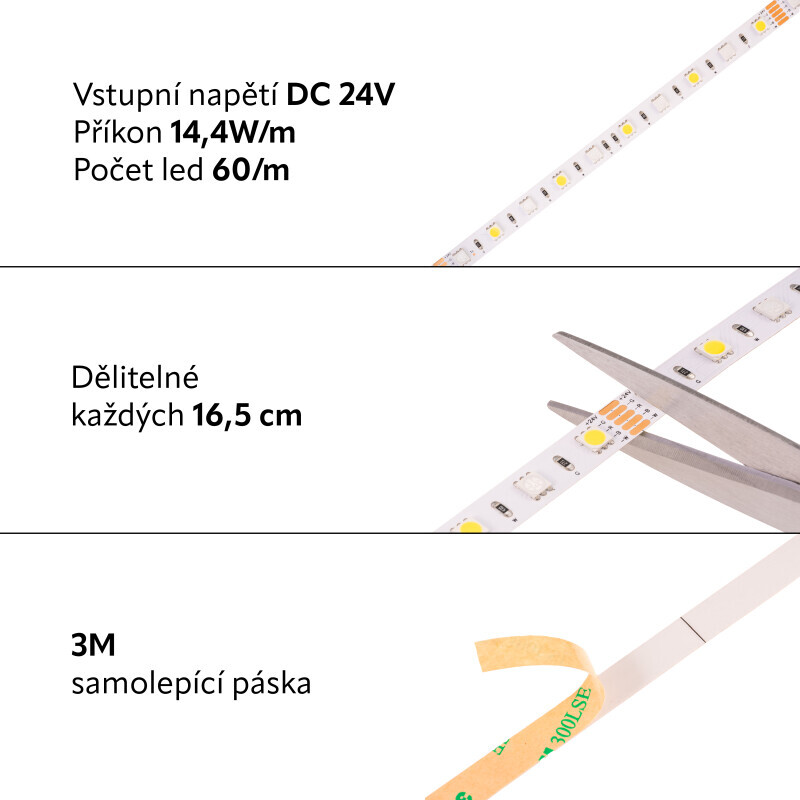 24V RGB+CW 14,4W vnitřní LED pásek záruka 3 roky