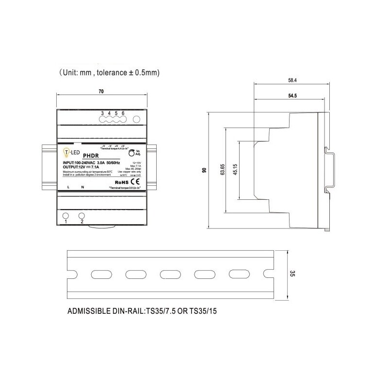 LED zdroj 12V 90W PHDR-12-90 DIN lišta