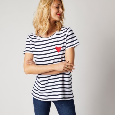 Tričko s výšivkou srdce a krátkými rukávy, jednobarevné nebo s proužky