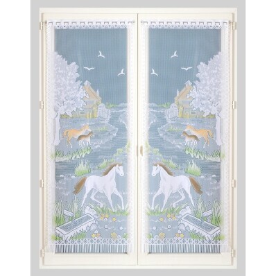 Rovná vitrážová záclona s motivem koňů, pro garnýžovou tyč, pár