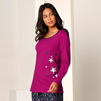 Jednobarevné tričko s dl. rukávy a hvězdami, bavlněný žerzej