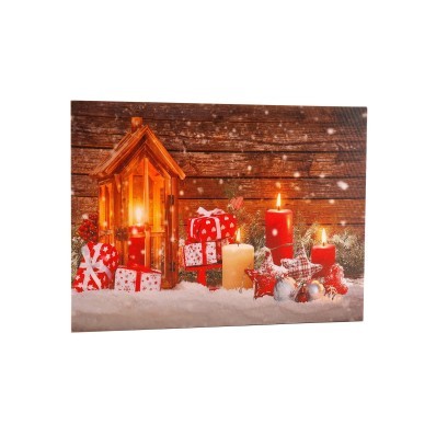 Svietiaci obraz s vianočnou tématikou sviečok a darčekov