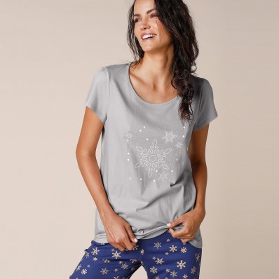 Pyžamové tričko s potlačou vločky, krátk
