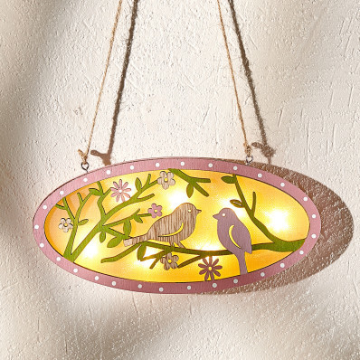 LED drevený obrázok "Vtáčiky"