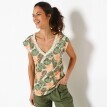 Koszulka z dekoltem w serek, wykończeniem makramowym i nadrukiem liści