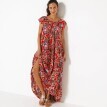 Długa sukienka z krepy z nadrukiem i falbankami