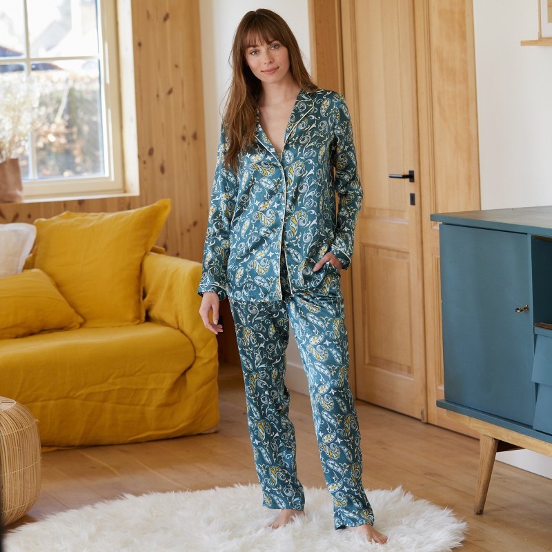 Pijama din satin cu imprimeu cașmir