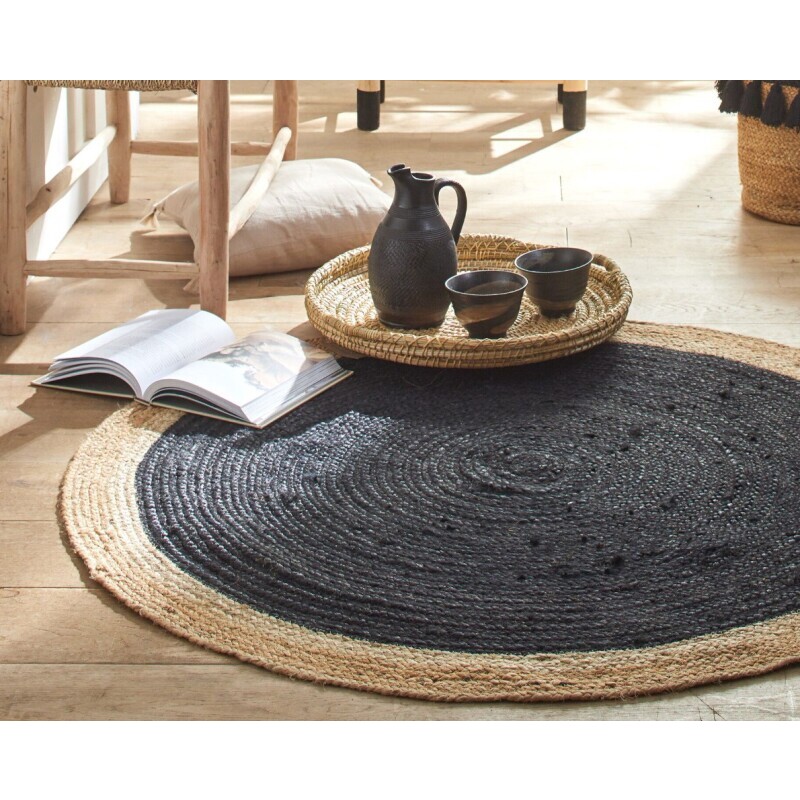 Dvojfarebný okrúhly jutový koberec, čierna a prírodná