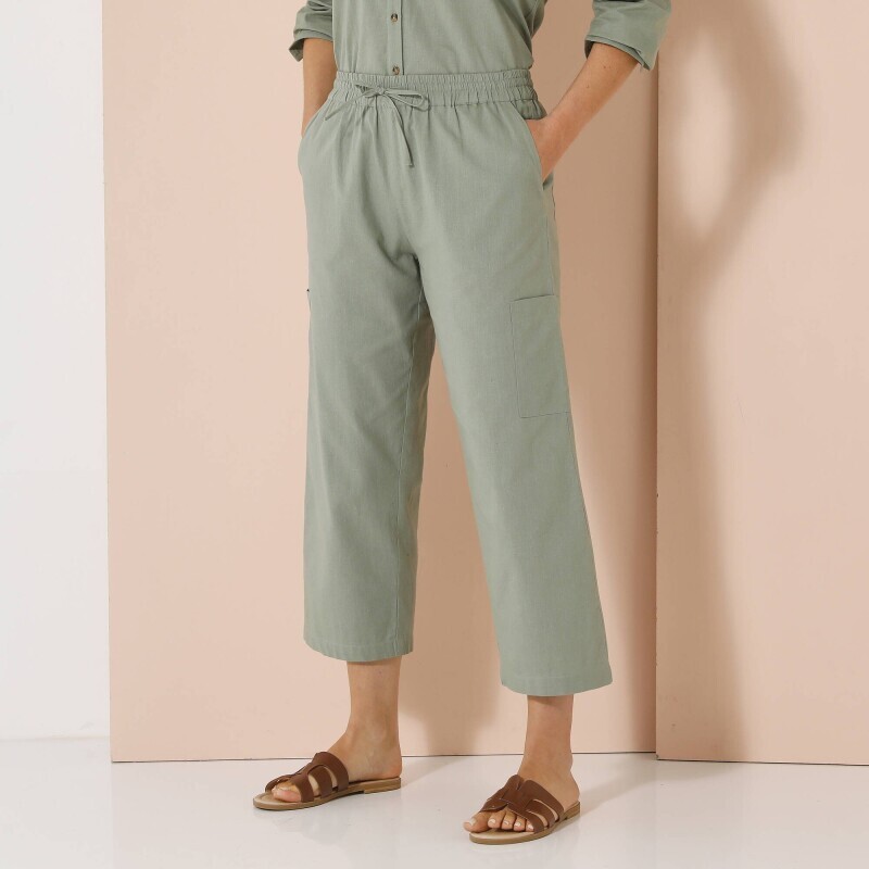 Pantaloni largi 7/8 din amestec bumbac/lin