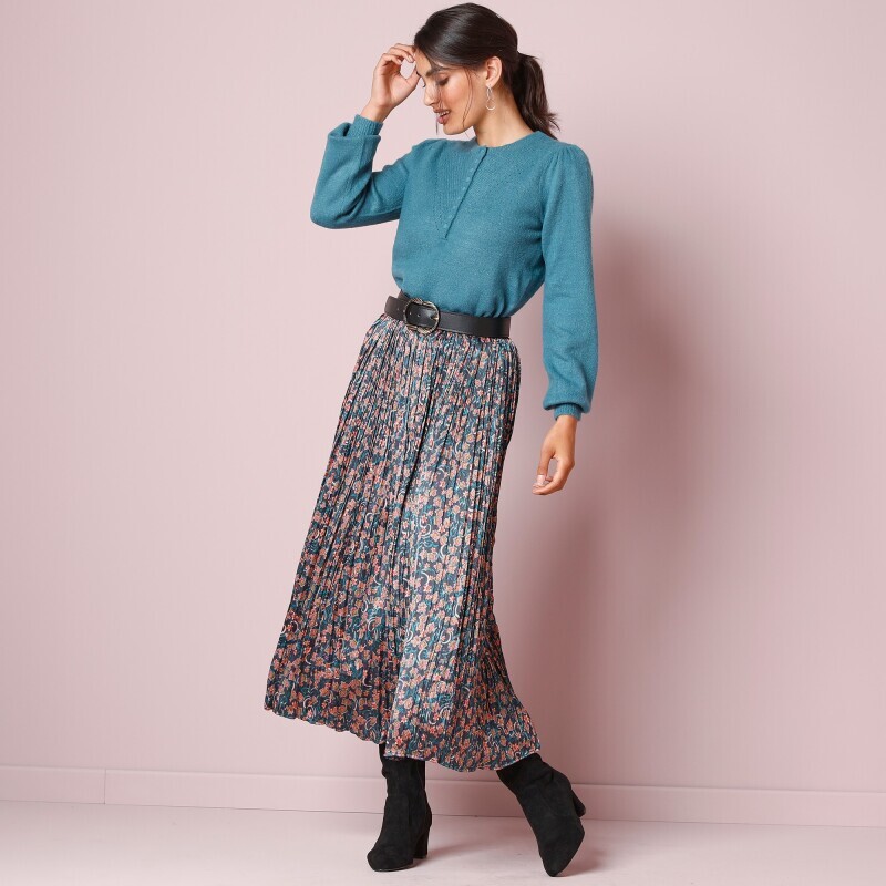 Plisovaná sukňa s potlačou, satén