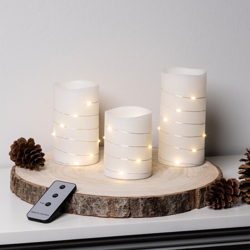 LED voskové svíčky s Mikro LED řetězem, sada 3 ks