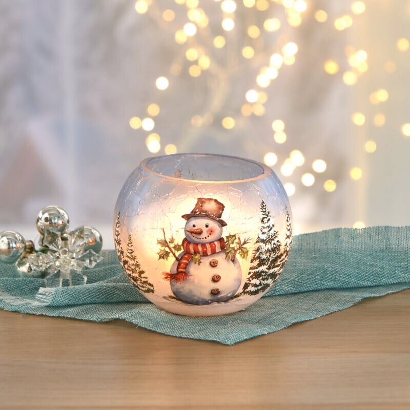 Skleněný svícen na čajovou svíčku Sněhulák