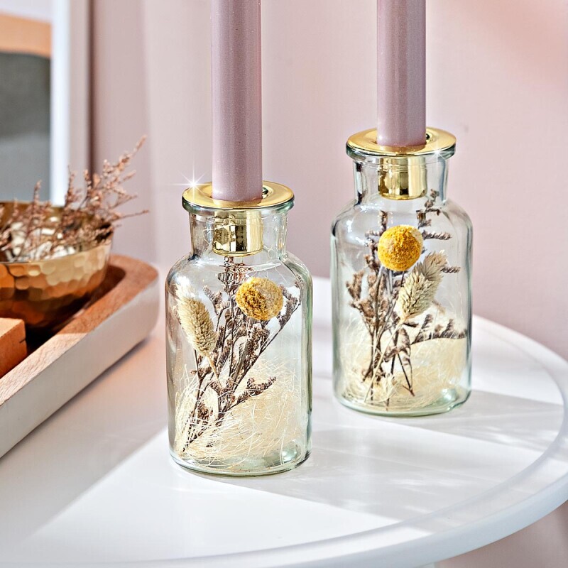 Skleněný svícen se sušenými květinami, sada 2 ks