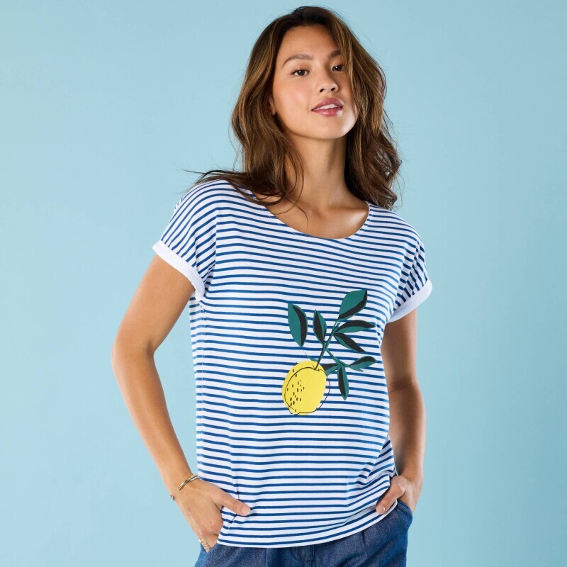 Proužkované tričko s krátkými rukávy a potiskem, pro menší postavu