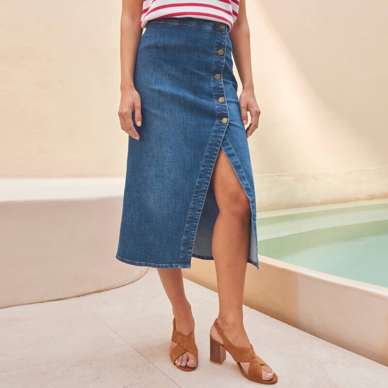Džínsová midi sukňa na gombíky