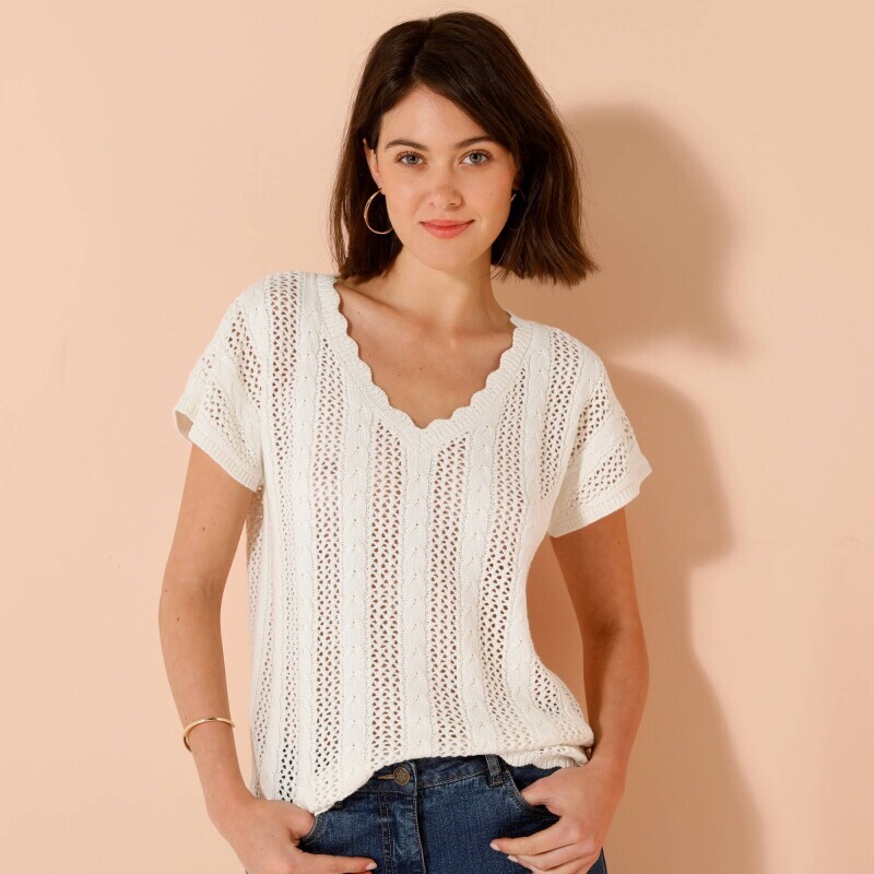 Bluzka z dekoltem w szpic, wykonana z koronkowej dzianiny