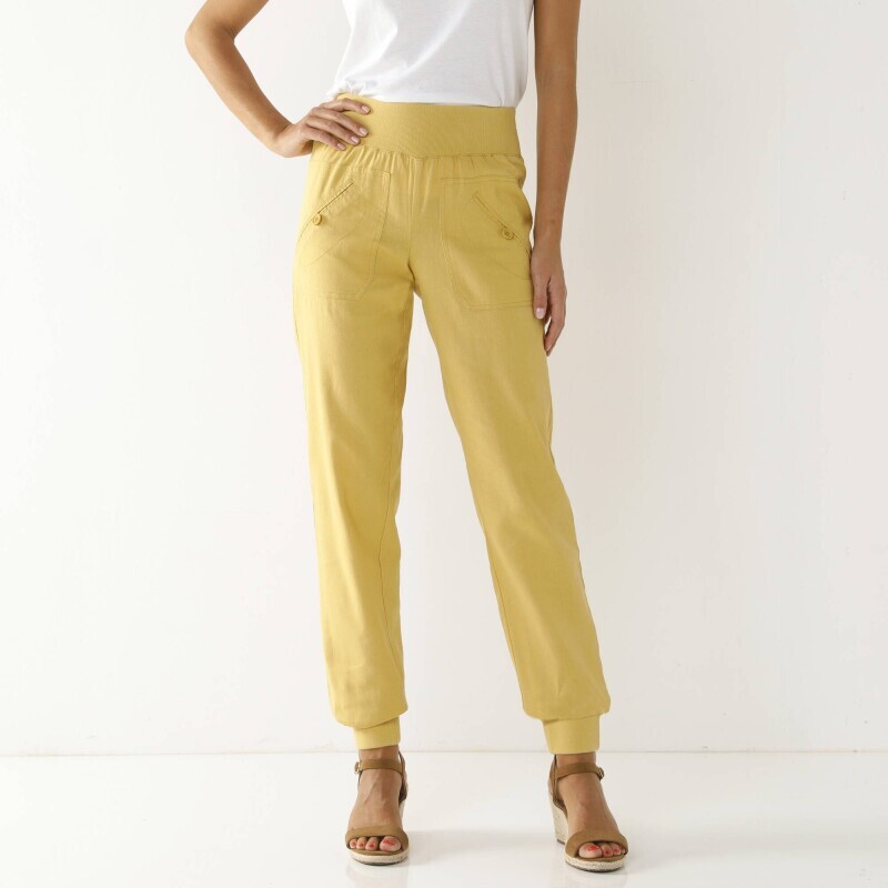 Długie spodnie wykończone elastycznymi obszyciami