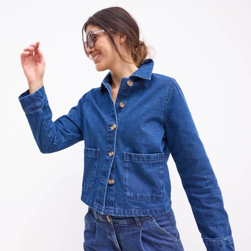 Džínsová rovná bunda na gombíky, vo worker štýle