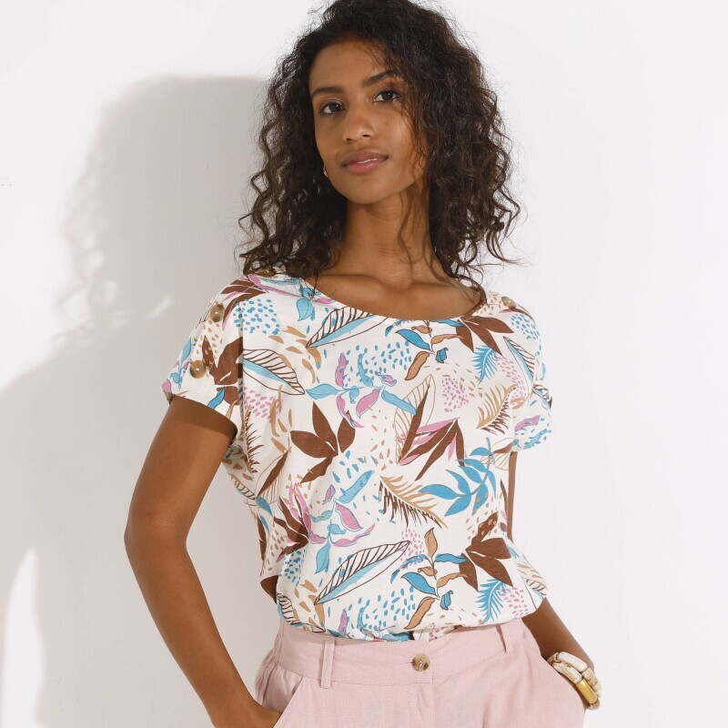 Tričko s potlačou a kokosvými gombíkmi na pleciach