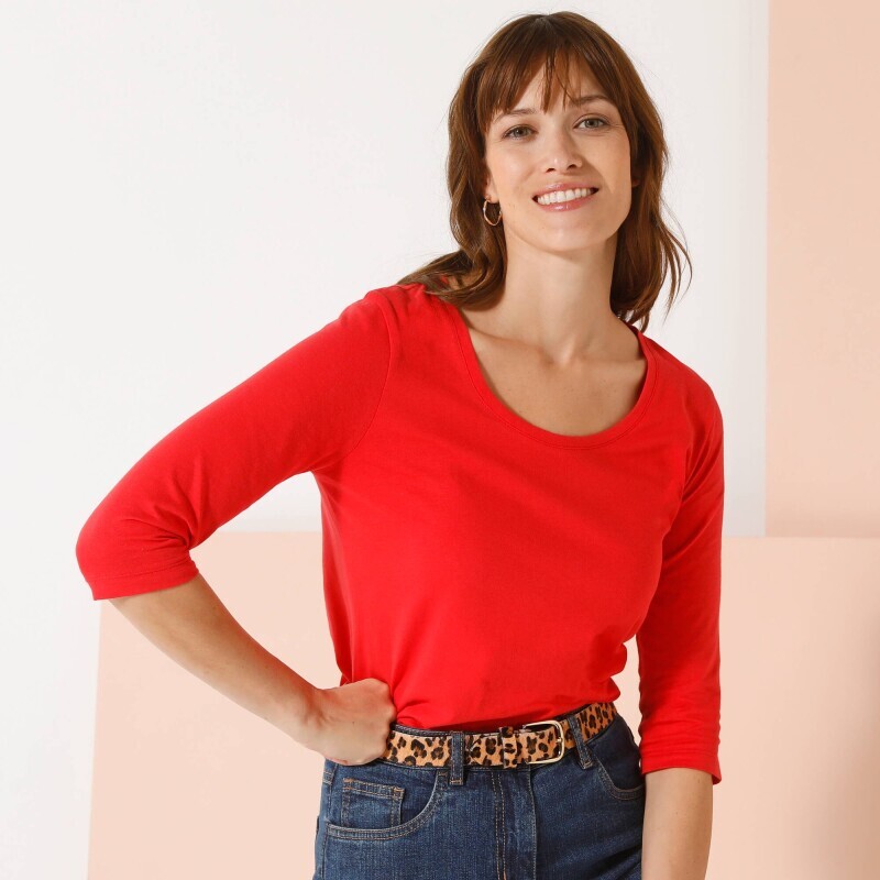 T-shirt w jednolitym kolorze z rękawami 3/4 i okrągłym dekoltem