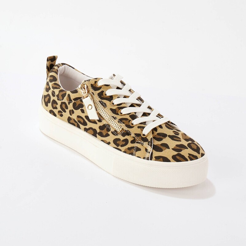Plátěné tenisky se zipem a tkaničkami, s leopardím vzorem