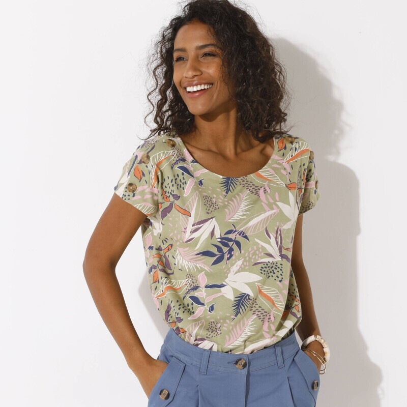 Tričko s potlačou a kokosvými gombíkmi na pleciach