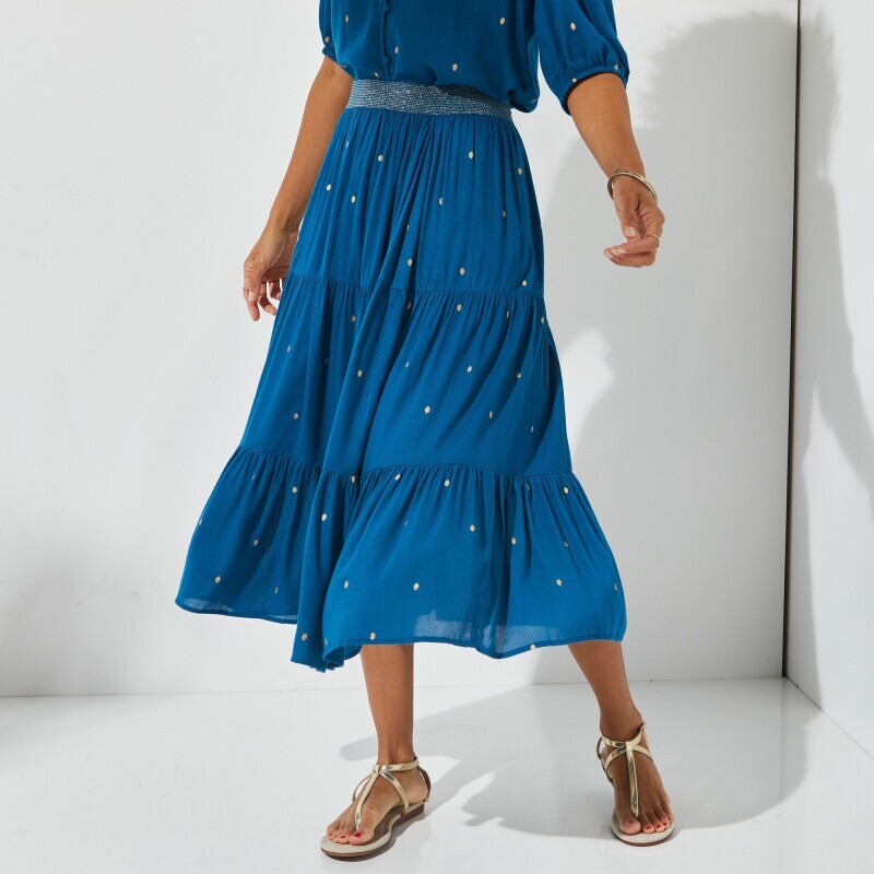 Falbaniasta spódnica midi ze złotym nadrukiem