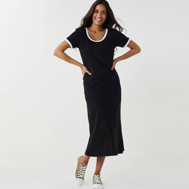 Midi jednobarevné žerzejové šaty s kontrastními lemy