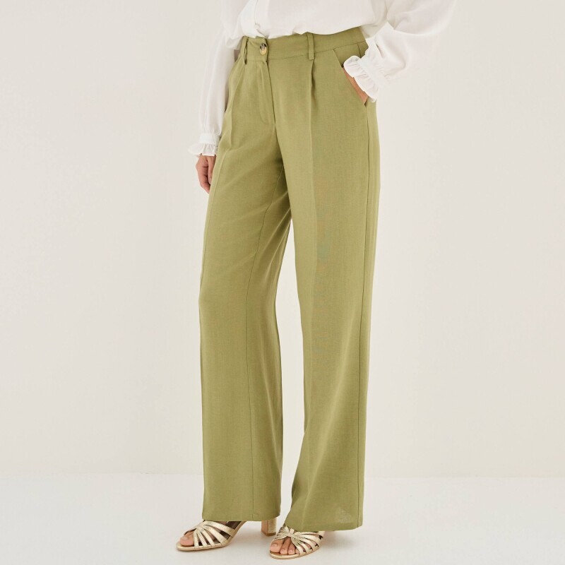 Широкі, однотонні штани зі складками та змішаним льоном