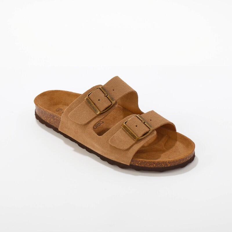 Kožené šľapky so sponami, gaštanové