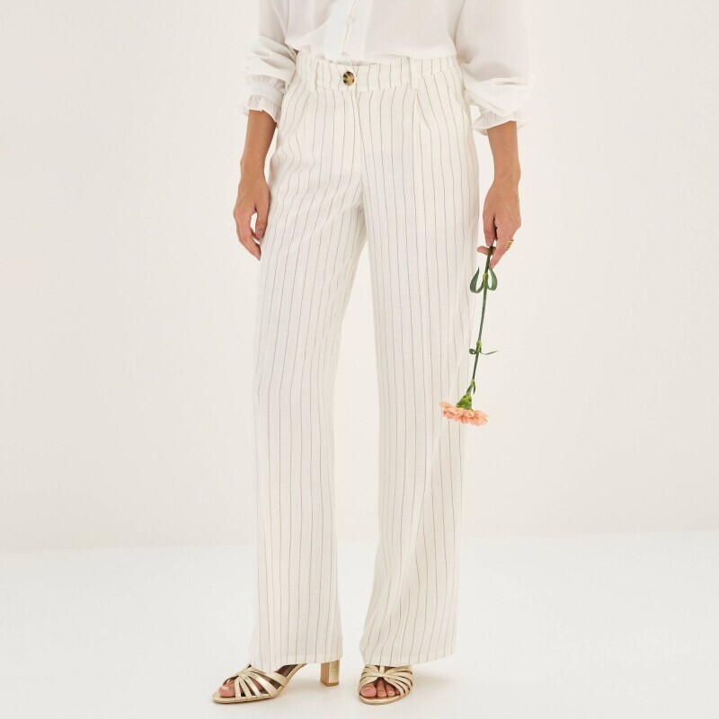 Široké pruhované nohavice s pukmi a prímesou ľanu