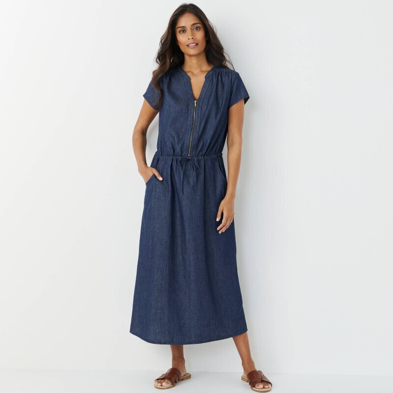 Midi šaty s výstřihem na zip a šňůrkou v pase, z lehkého denimu