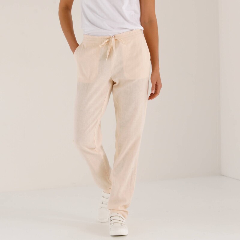 Zúžené kalhoty s pružným pasem, z bavlny a lnu