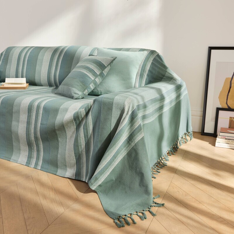 Pruhovaná ručne tkaná bavlnená prikrývka a obliečka na vankúš