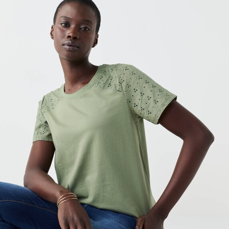 Tričko s kulatým výstřihem, krátkými rukávy a madeirou