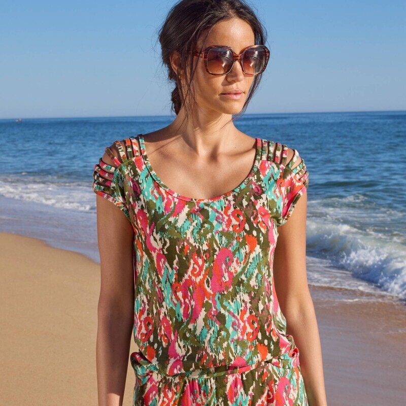 Tričko s pestrou potlačou a ozdobnými šnúrkovými plecami