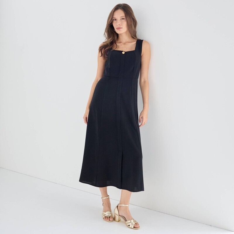 Krepové midi šaty s_x000D_
hranatým výstrihom