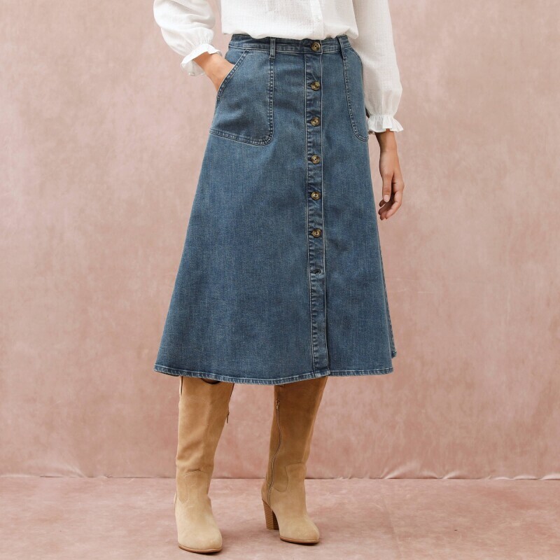 Rozšírená denimová midi sukňa na gombíky