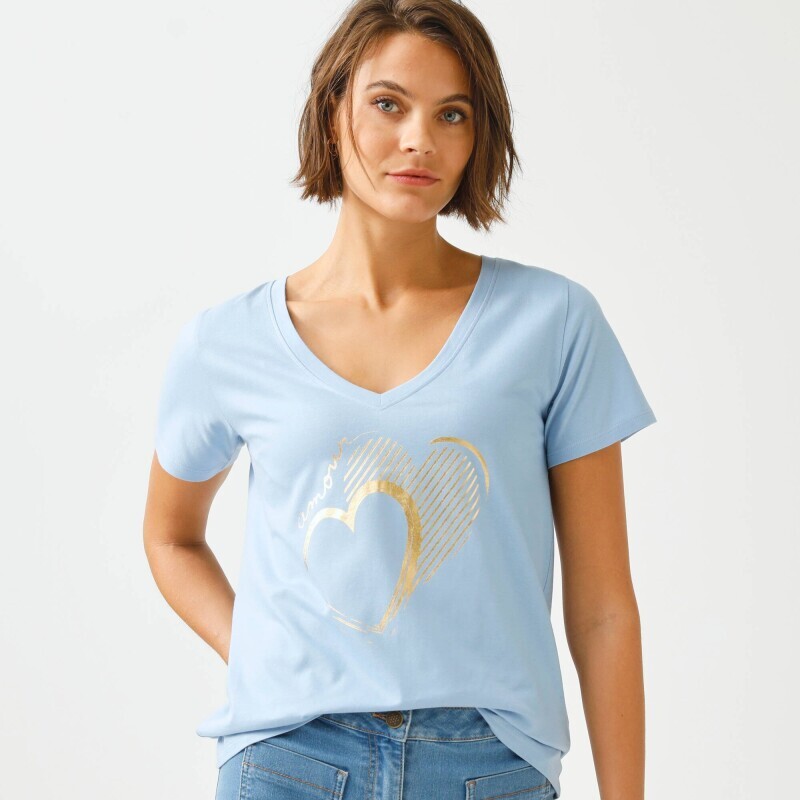 Tričko s výstřihem do V, krátkými rukávy a potiskem srdce vpředu