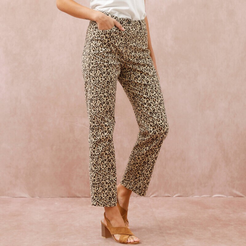 Rovné keprové nohavice s leopardím vzorom