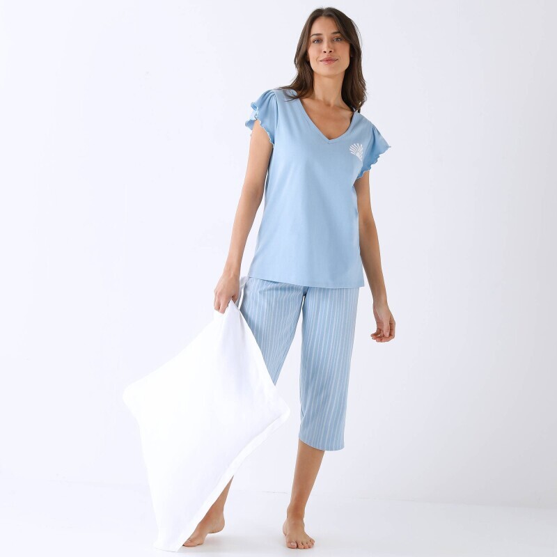 Pyžamo se 3/4 kalhotami, s motivem slunce a pruhovaným potiskem