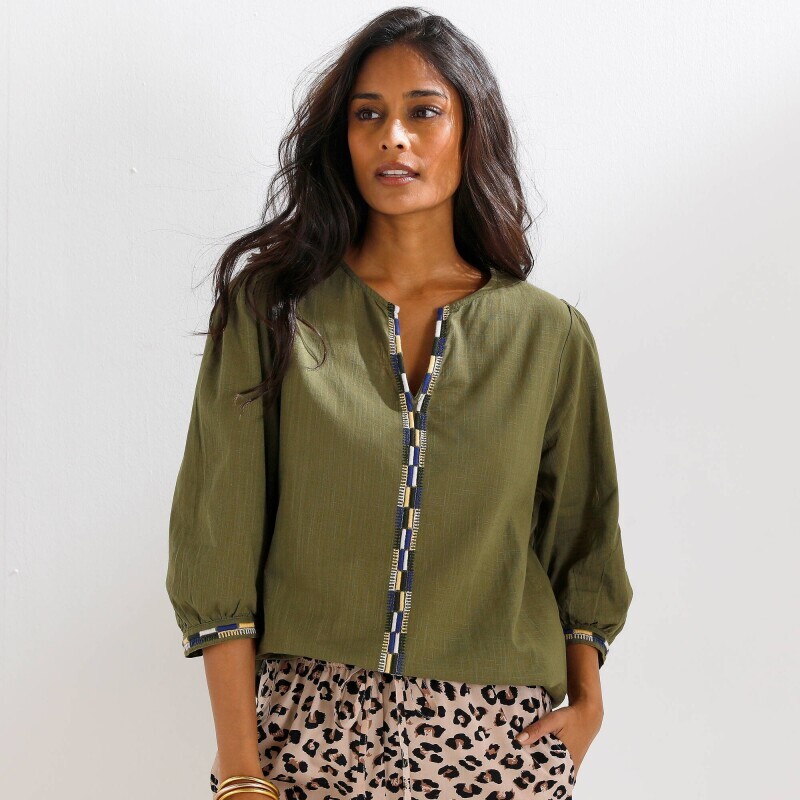 Bluzka z haftem i rękawami 3/4, bawełna