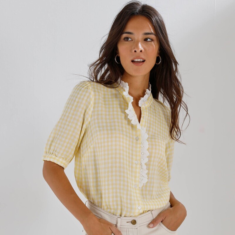 Mušelínová kockovaná blúzka s  krátkymi rukávmi