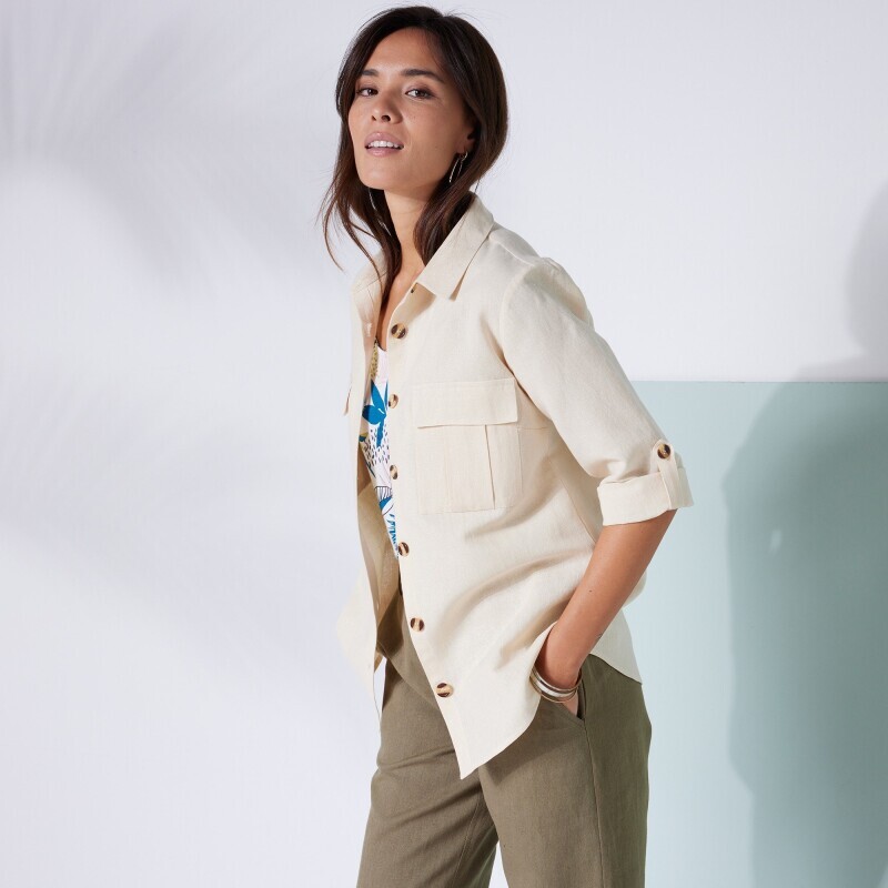 Koszula z rękawami 3/4, płótno bawełniano-lniane