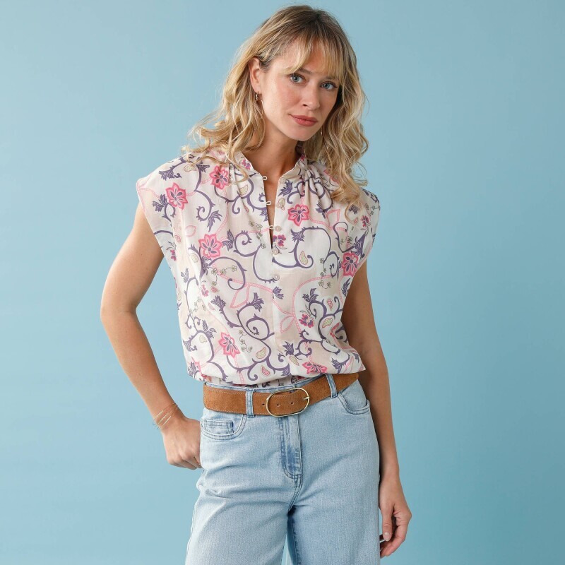 Košilová halenka bez rukávů a s potiskem kašmíru, pro malou postavu