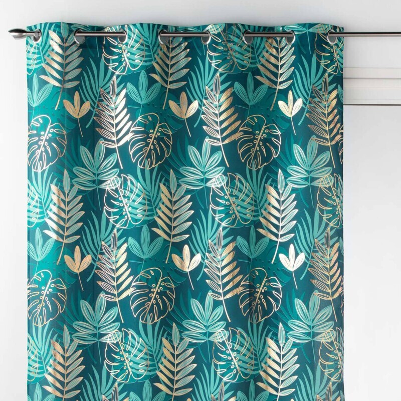 Záves s očkami a potlačou tropického motívu s metalickým efektom