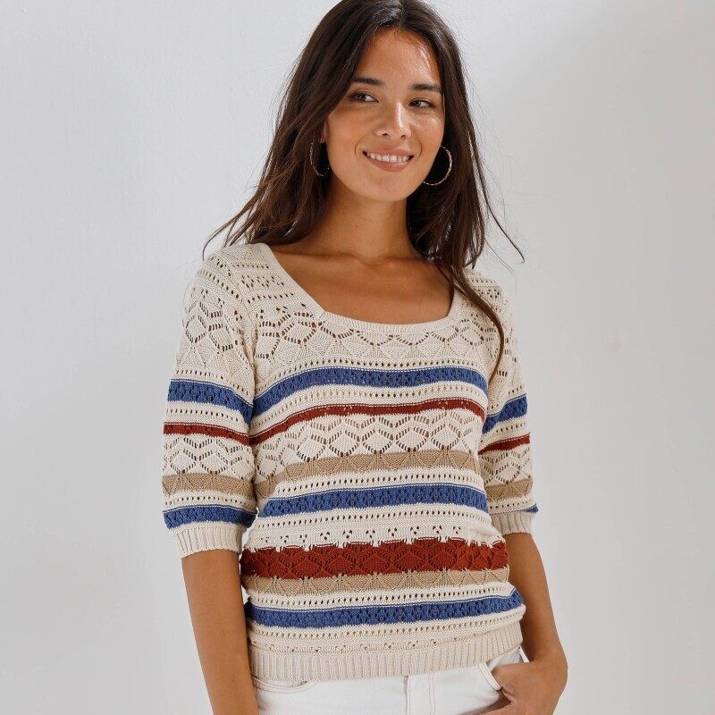 Ažúrový prúžkovaný pulóver s rukávmi po lakte